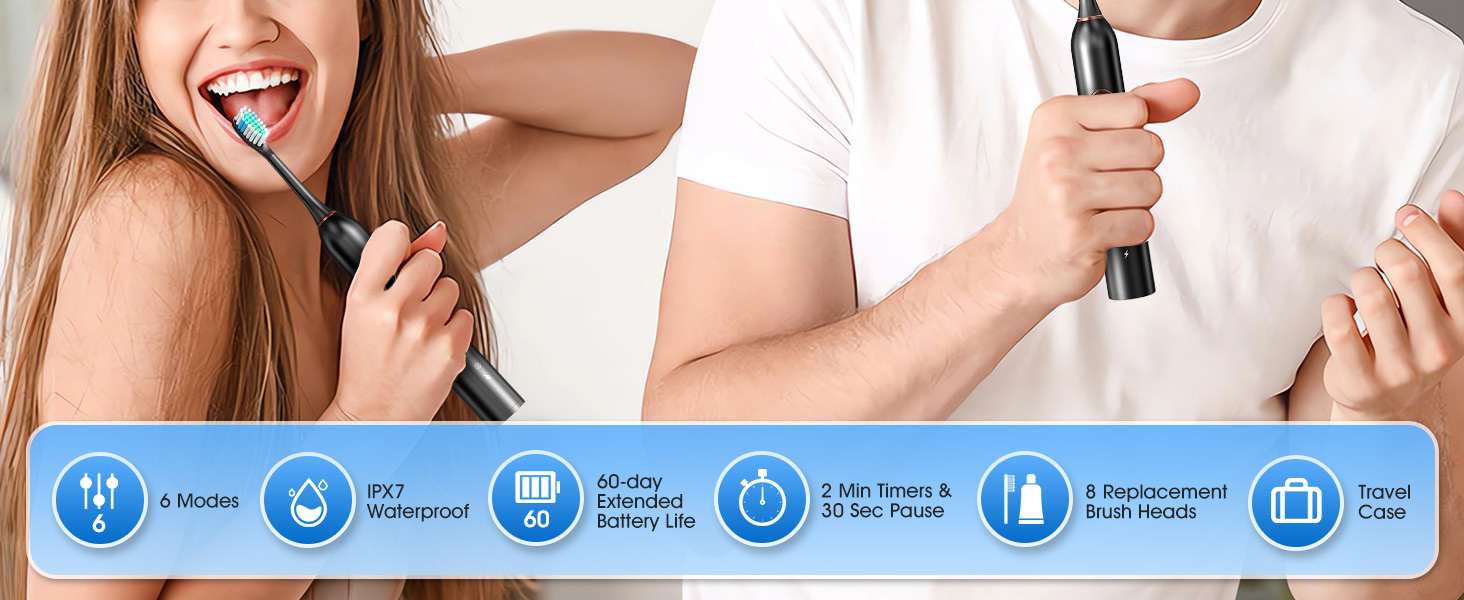 Electric Toothbrush, Sonic Type for Adults & Teens, 40000 VPM Electric Motor, 6 Modes, IPX7 Waterproof, 2 Minutes Timer, Wireless Charging, 8 Brush Heads, Travel Case, One Charge for 100 Days (Black) Details 2